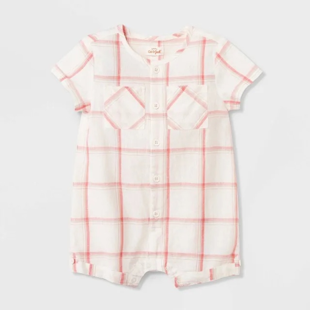 Cat and Jack white and pink plaid romper. Size 18 months.